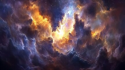 fiery cosmic nebula with vibrant colors and swirling clouds.