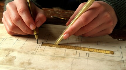 Poster - Close-Up of Hands Measuring with Ruler on Architectural Drawing