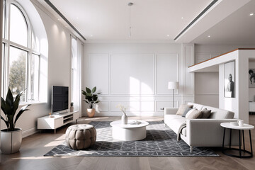 Poster - Bright living room with large arched window, comfortable sofa, and minimalist decor. Potted plants add a touch of nature to the clean, modern interior design with wooden floors.