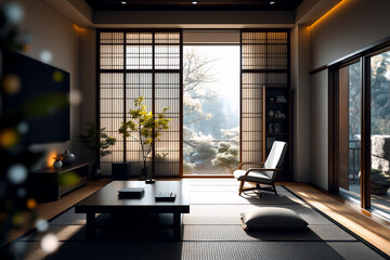 Aufkleber - serene japanese room with tatami mats and shoji doors opens to a tranquil garden view. minimalist de