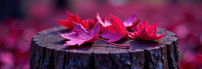 Wall Mural - Toned purple fallen autumn dry red leaves on a tree stump. Viva magenta color. Trend. Colorful background for design