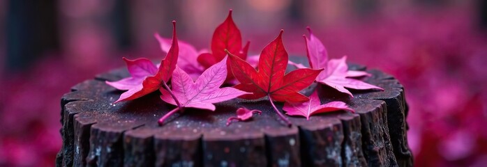 Wall Mural - Toned purple fallen autumn dry red leaves on a tree stump. Viva magenta color. Trend. Colorful background for design