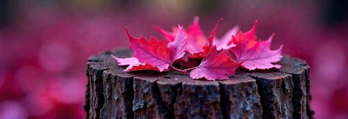 Wall Mural - Toned purple fallen autumn dry red leaves on a tree stump. Viva magenta color. Trend. Colorful background for design