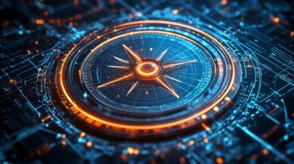 Poster - Advanced digital compass design with illuminated paths on a blue backdrop, representing the cuttingedge navigation of online data through secure digital networks