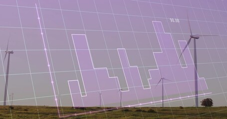 Poster - Animating graph over wind turbines in grassy landscape with clear blue sky
