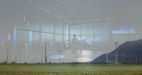 Poster - Wind turbines in field with financial data processing animation overlaying scenery