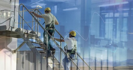 Poster - Climbing stairs, construction workers with financial data animation over skyscrapers