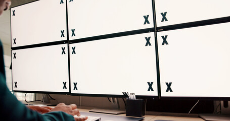 Poster - Man, screen or space on monitor in data center for trading, finance or stock market prices. Closeup, tracking markers or trader typing on computer with desktop, mockup or technology in control room