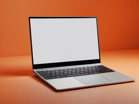 A modern laptop with a blank white screen placed on an orange background, ideal for mockups, web design, and branding concepts.