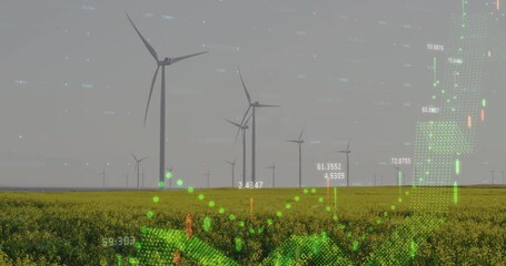 Poster - Wind turbines in field with green data processing animation overlay