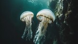 Two jellyfish swim in dark ocean water.