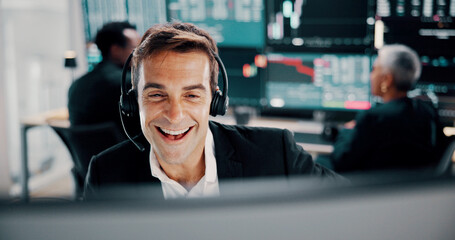 Aufkleber - Computer, finance and happy man with headset for stock market, financial analytics and trading review. Call center office, business and person for online investment, revenue charts and statistics