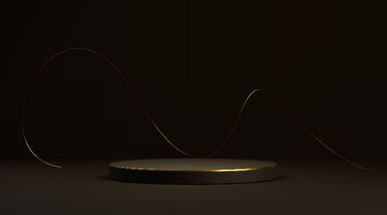 Poster - black podium with swirling gold line. minimalist goods display stand with elegant curved decor for p