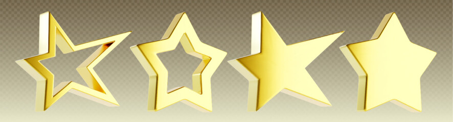 Poster - Gold 3d star set on transparent background. Metallic award shapes in different styles - hollow outline, frame and solid filled for achievement badges or luxury design. Shiny yellow celestial symbols.