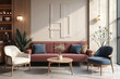 © lina - maroon sofa and two armchairs in a sunlit living room with wooden furniture and soft colors