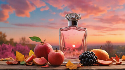 Poster - Elegant perfume bottle sits among apples, berries, and citrus fruits on a wooden surface. Autumn leaves and a vibrant sunset sky create a warm ambiance.