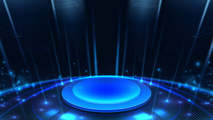 Wall Mural - empty blue podium on dark background with soft neon effect and bokeh decoration. futuristic technolo