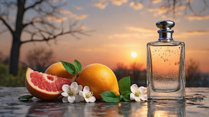 Poster - Perfume bottle and fresh grapefruits with white blossoms set against a beautiful sunset sky. Aromatic and refreshing citrus fragrance.
