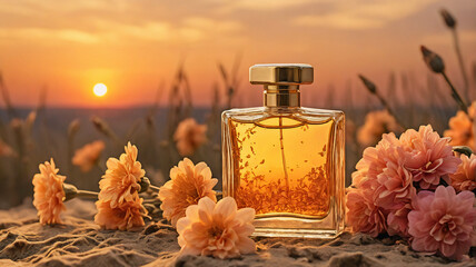 Poster - Golden perfume bottle presents luxury on sand amid peach flowers under warm sunset light. Elegant fragrance in nature's golden hour evokes a tranquil and beautiful ambiance.