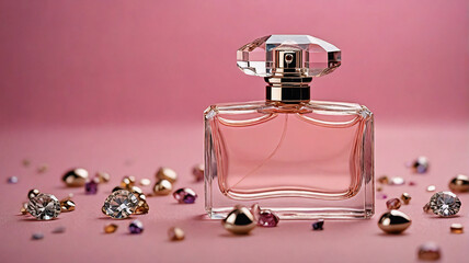 Aufkleber - Elegant perfume bottle filled with pink liquid, sits among scattered gems on a soft pink backdrop, creating a luxurious and feminine ambiance.