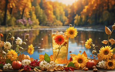 Poster - Warm autumn scene features a drink, sunflowers, apples, pumpkins, and fall leaves by a lake with a colorful forest backdrop.