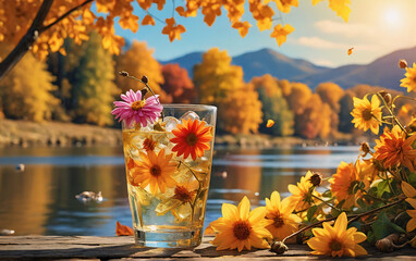 Poster - Refreshing floral drink on wooden deck. Serene lake reflects vibrant autumn foliage and mountains under sunny sky. Peaceful outdoor scene.