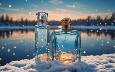 Aufkleber - Elegant perfume bottles sit on fresh snow, reflecting a serene winter landscape with a beautiful sunset sky and soft, falling snowflakes.
