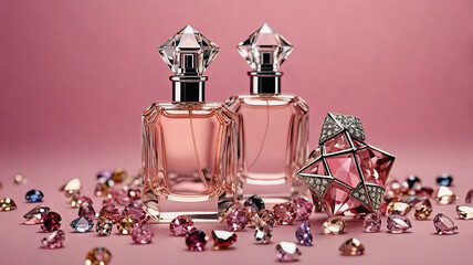 Aufkleber - Elegant perfume bottles with faceted crystal caps stand amidst scattered gems, reflecting light on a soft pink surface, evoking luxury and beauty.