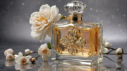 Poster - Elegant glass perfume bottle with a crystal stopper and golden floral detail, accented by soft white blossoms against a muted silver backdrop.