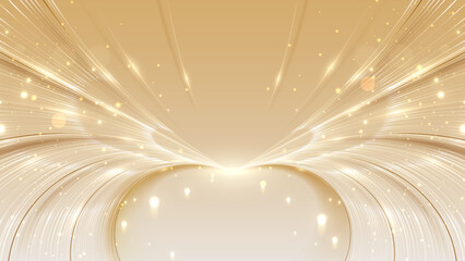 Wall Mural - Elegant gold stage backdrop design decorated with glow and bokeh effect, background idea for awards ceremony and luxury style product promotion or marketing.