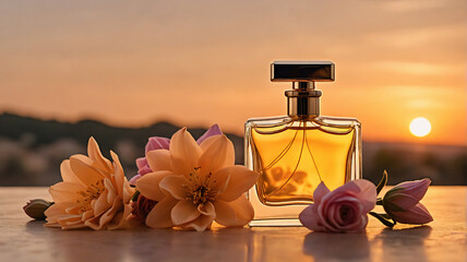 Poster - Golden perfume bottle with flowers sits against a warm sunset.  Elegant, romantic, and beautiful, capturing a floral fragrance in the evening light.