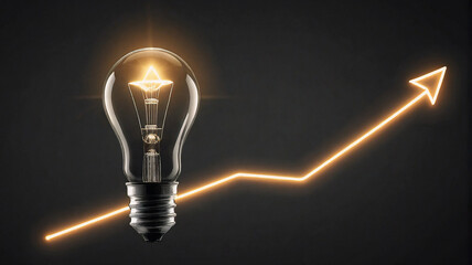 Poster - Illuminated light bulb beside an upward arrow, representing idea generation and positive growth on a dark backdrop.