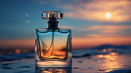 Poster - Elegant perfume bottle stands on a wet, reflective surface, mirroring the colorful hues of a vibrant sunset or sunrise sky in the background.