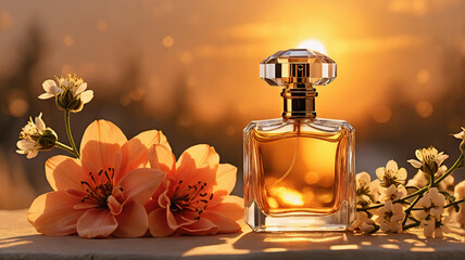 Poster - Elegant perfume bottle with faceted cap, rests beside peach and white blossoms. Soft golden light creates a luxurious and serene ambiance.