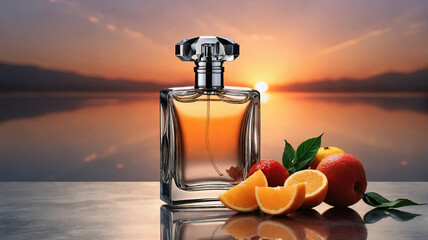 Poster - Elegant perfume bottle displayed with orange slices and red fruits, bathed in the warm hues of a sunset sky reflecting on water.