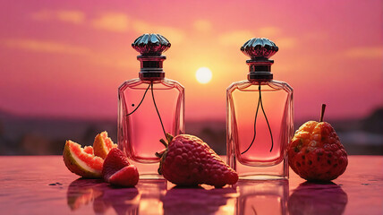 Poster - Two perfume bottles are placed next to fresh fruit pieces like strawberries and orange slices, with a colorful sunset in the backdrop.