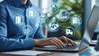 © ＣＲＥＡＴＩＶＥ- 3.4 - Digital Procurement & Supply Chain Management – Business Professional Working on Laptop with Holographic Icons of Logistics, Finance, and Operations in a Modern Office Setting
