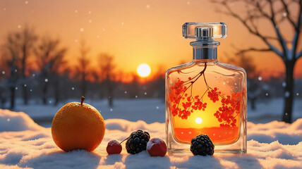 Aufkleber - Perfume bottle presents an elegant scent of fruit in a snowy winter scene at sunset. The orange and berries add vibrant color against the white snow and golden hour lighting.