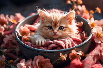 Aufkleber - A fluffy orange kitten rests in a blue bowl, nestled amongst pink and orange blossoms. Soft daylight and a blurred backdrop enhance the gentle scene.
