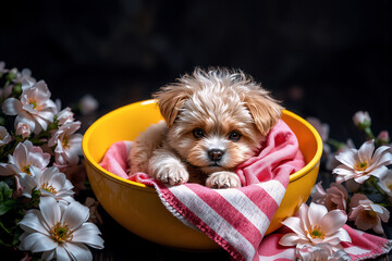 Aufkleber - A fluffy puppy with brown and white fur is nestled comfortably in a bright yellow bowl with pink patterned fabric, surrounded by delicate white flowers.