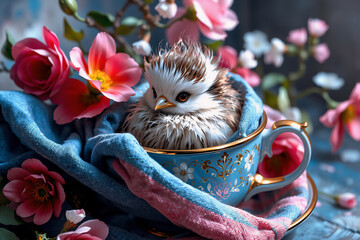 Aufkleber - Small fluffy bird with white and brown feathers is nestled in a decorated blue teacup surrounded by pink flowers and green branches.