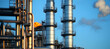 © MistoGraphy - A close-up of towering oil distillation columns at an industrial refinery