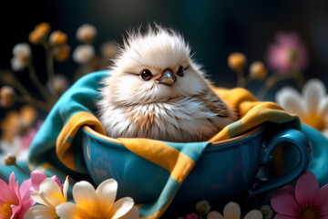 Aufkleber - A fluffy chick is nestled snugly inside a blue teacup with a yellow cloth, surrounded by vibrant flowers.  It's a sweet and charming scene of nature's beauty.
