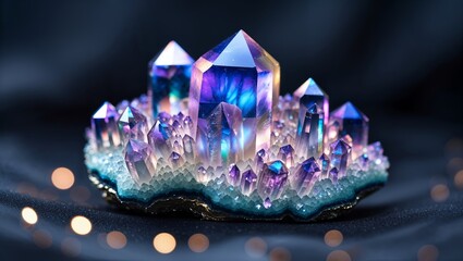 Poster - colorful crystal formation with multiple pointed peaks and shimmering base displayed on dark backgro