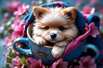 Aufkleber - A fluffy puppy sits sweetly inside a blue teacup, surrounded by delicate pink flowers.  A charming and adorable scene, full of gentle colors and soft textures.