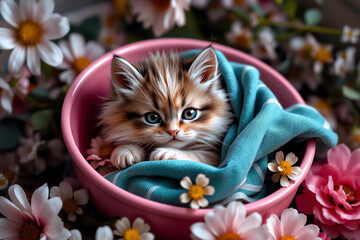 Aufkleber - A fluffy tabby kitten with striking blue eyes is nestled in a pink bowl, wrapped in a soft blue cloth. White and pink daisies surround the bowl, creating a dreamy, spring-like scene.