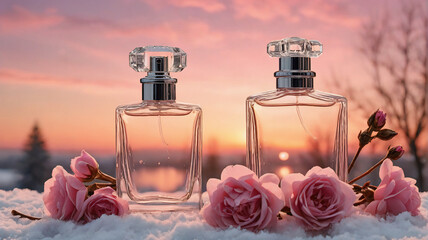 Poster - Two perfume bottles are showcased on snow, adorned with pink roses. A vibrant sunset illuminates the backdrop, casting a gentle, warm light.