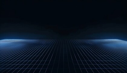 Poster - A dark, digital landscape featuring a grid pattern illuminated by faint blue light, creating a futuristic and abstract atmosphere.