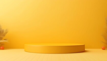 Poster - A bright yellow stage set against a matching wall, complemented by palm leaves and decorative spheres, creating a vibrant and inviting atmosphere.