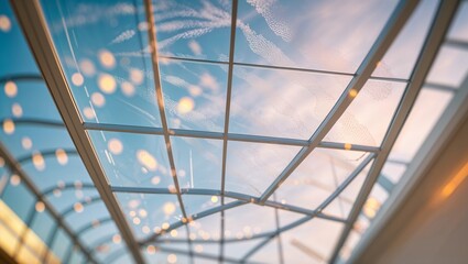 Poster - Skylight view with abstract light reflections during golden hour in a modern building